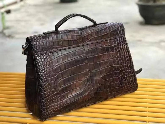 Large Vintage Brown Crocodile Skin Leather Laptop Postman Briefcase Bag
