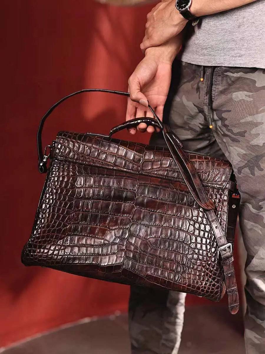Large Vintage Brown Crocodile Skin Leather Laptop Postman Briefcase Bag