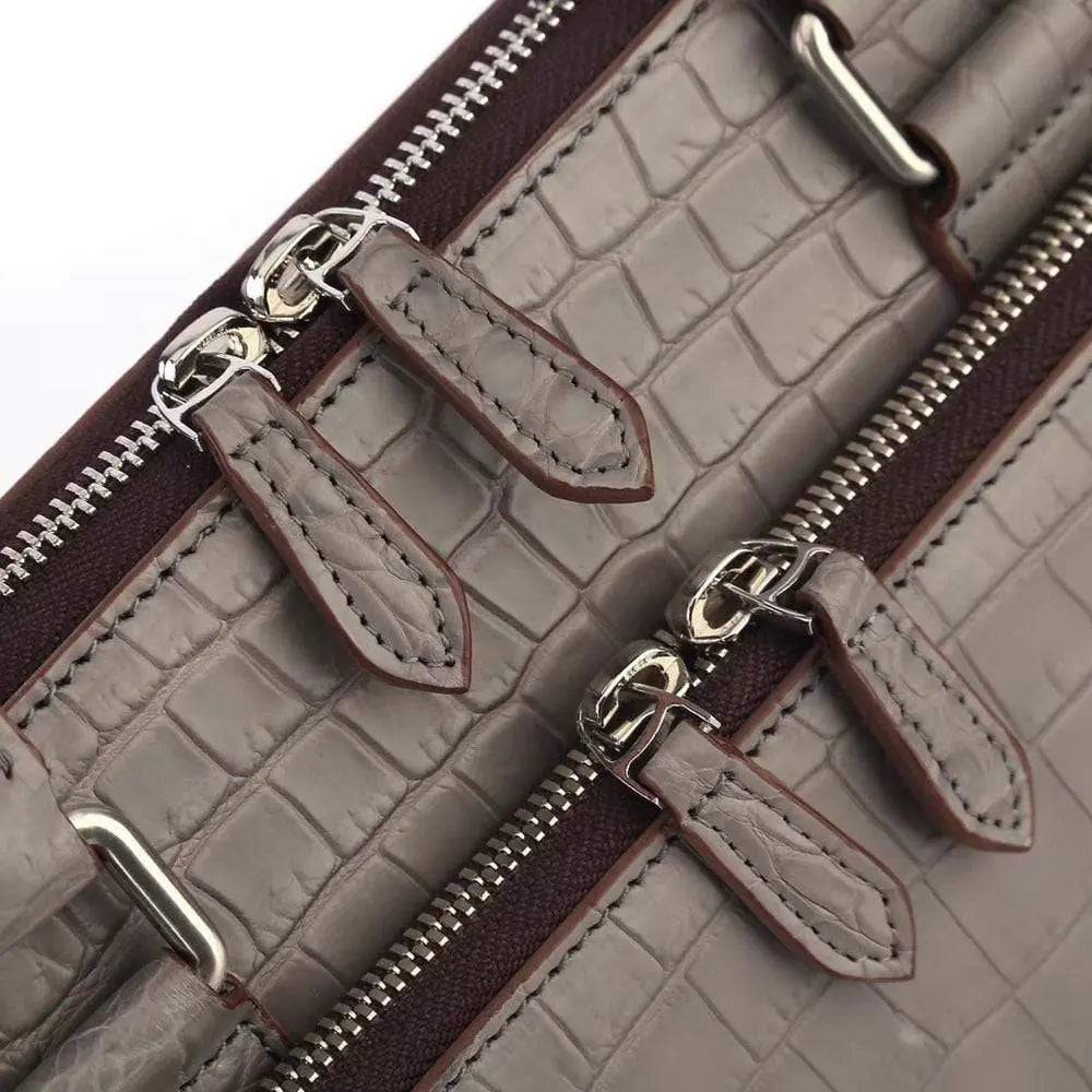 Men's Crocodile  Leather Briefcase with Front Zip Pocket Grey