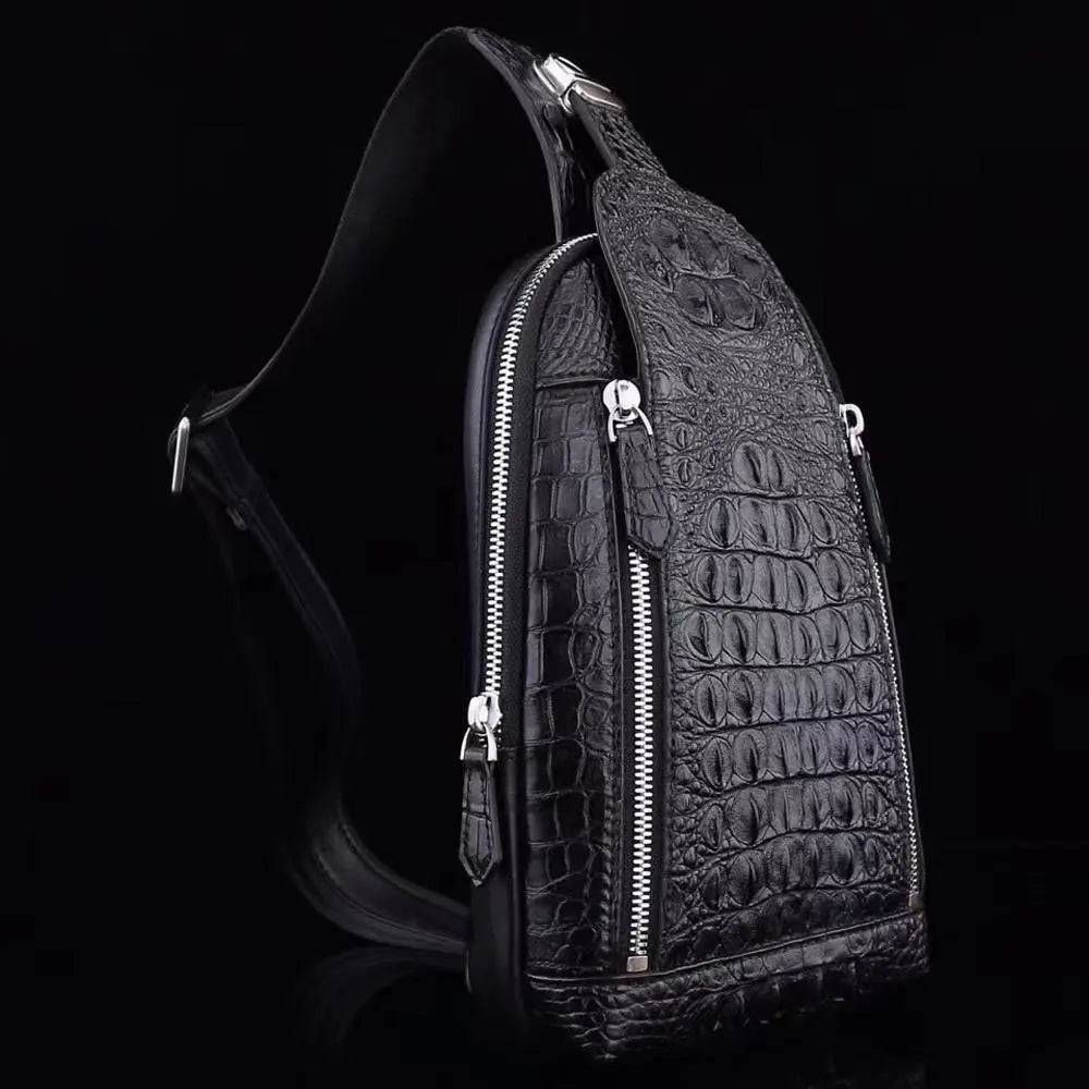 Men's Crocodile Leather Chest Sling Cross Body Day Packs Black