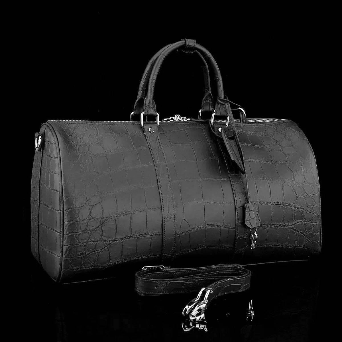 Men's Matt Genuine Crocodile Leather Travel Duffel Bags Black