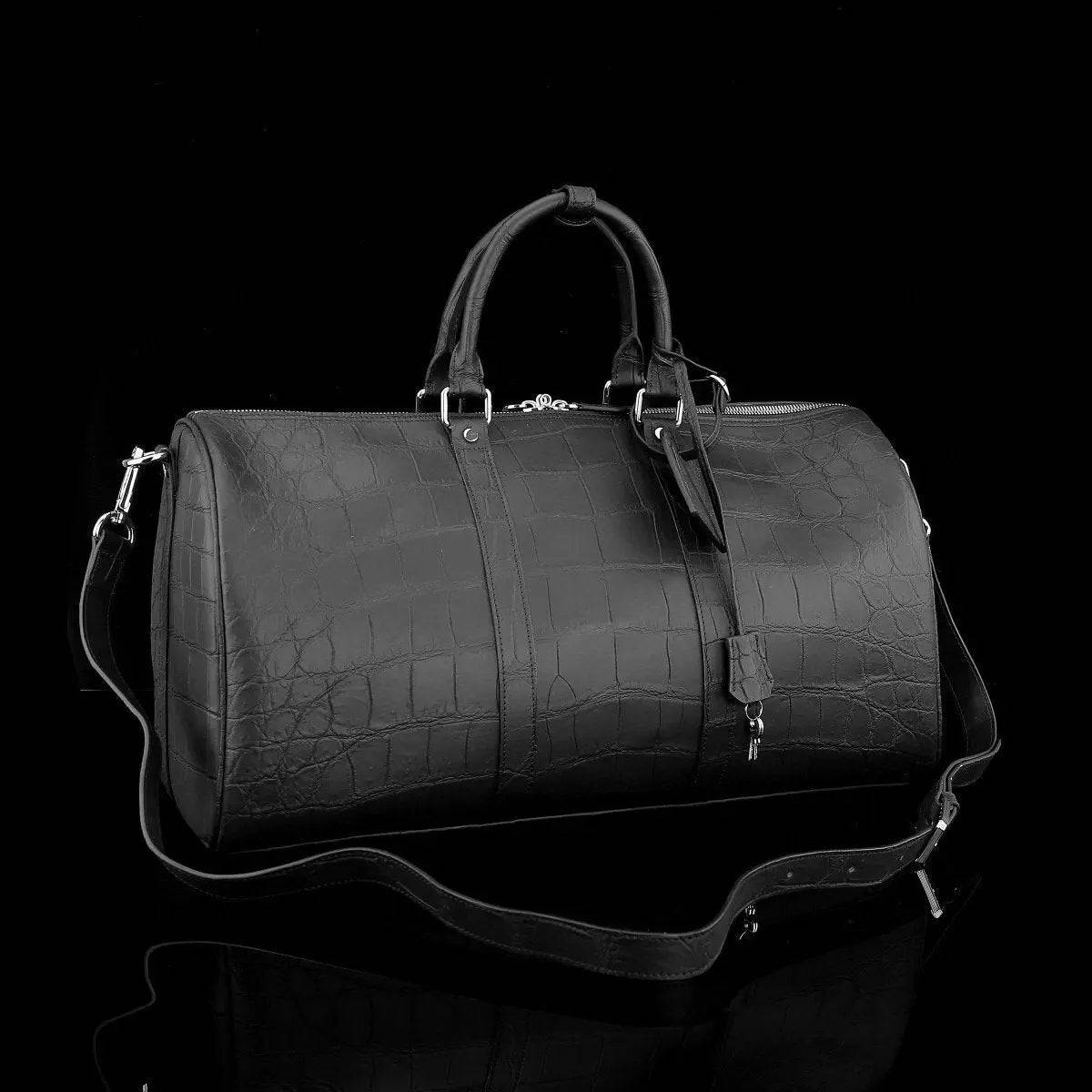 Men's Matt Genuine Crocodile Leather Travel Duffel Bags Black