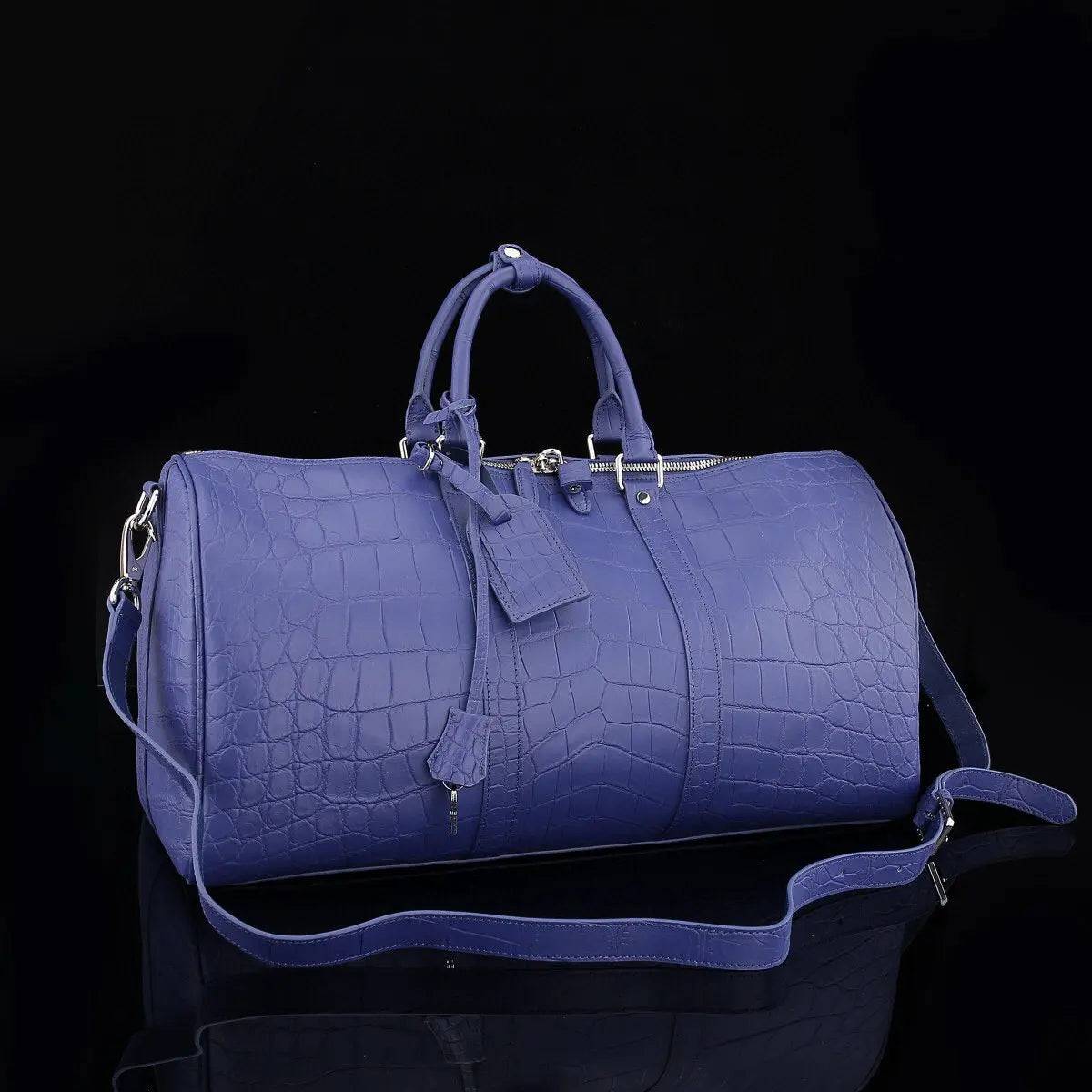 Men's Matt Genuine Crocodile Leather Travel Duffel Bags Blue