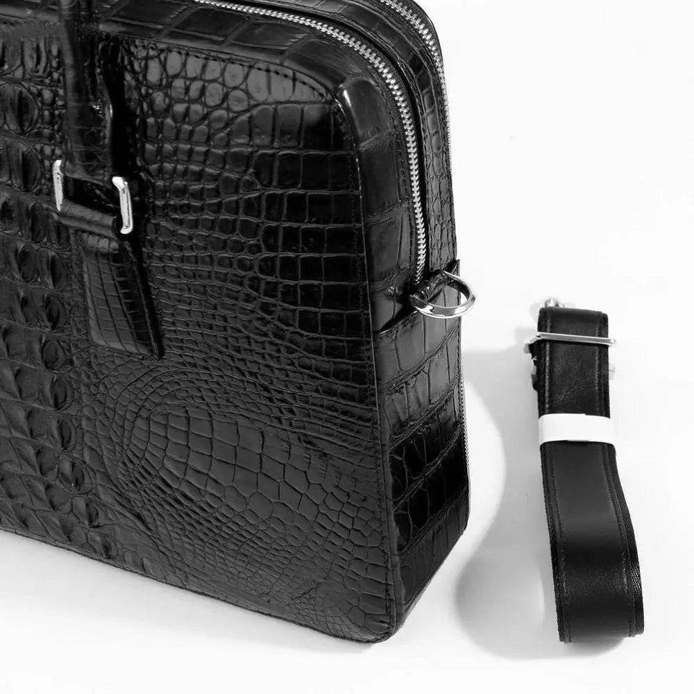 Mens Crocodile Bone Leather Briefcase Black