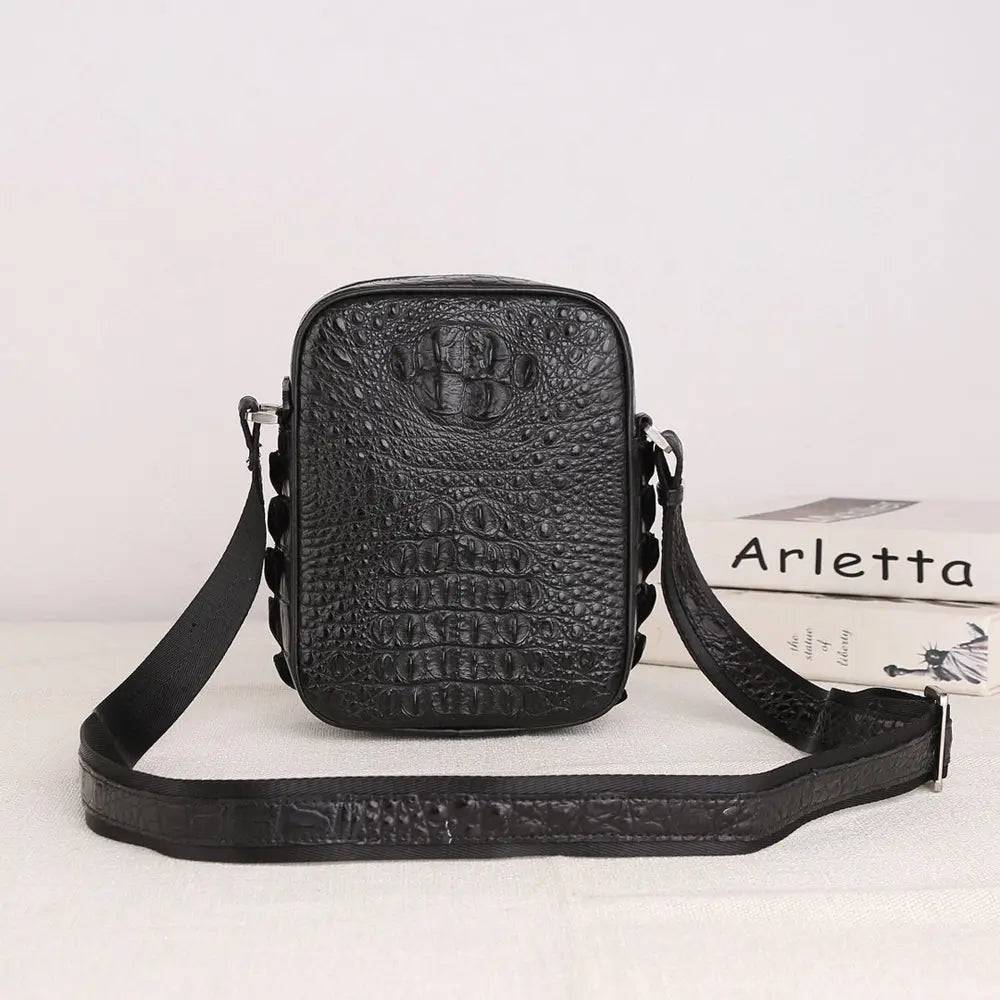 Mens Crocodile Bone Leather Cross Body Messenger Bag Black