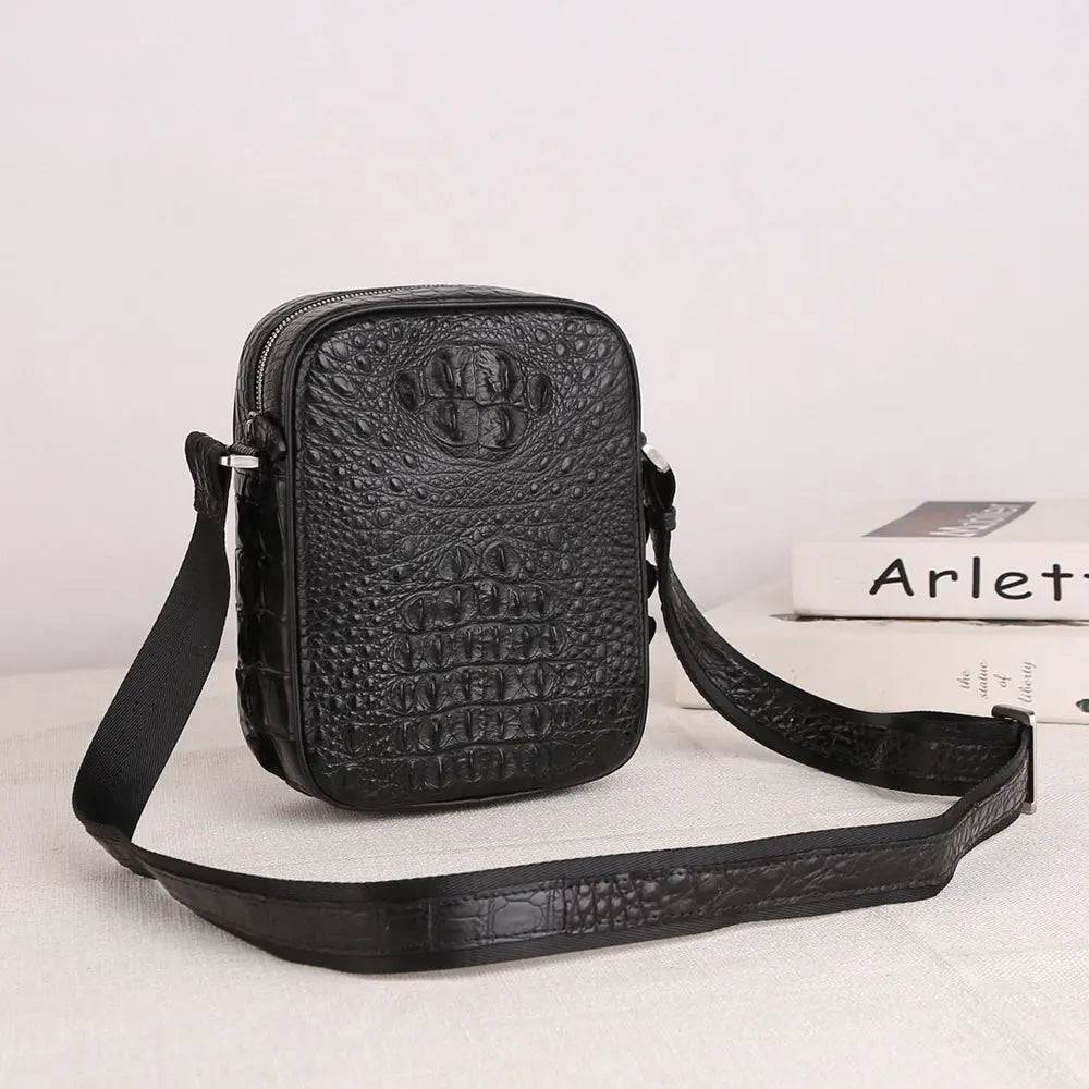 Mens Crocodile Bone Leather Cross Body Messenger Bag Black