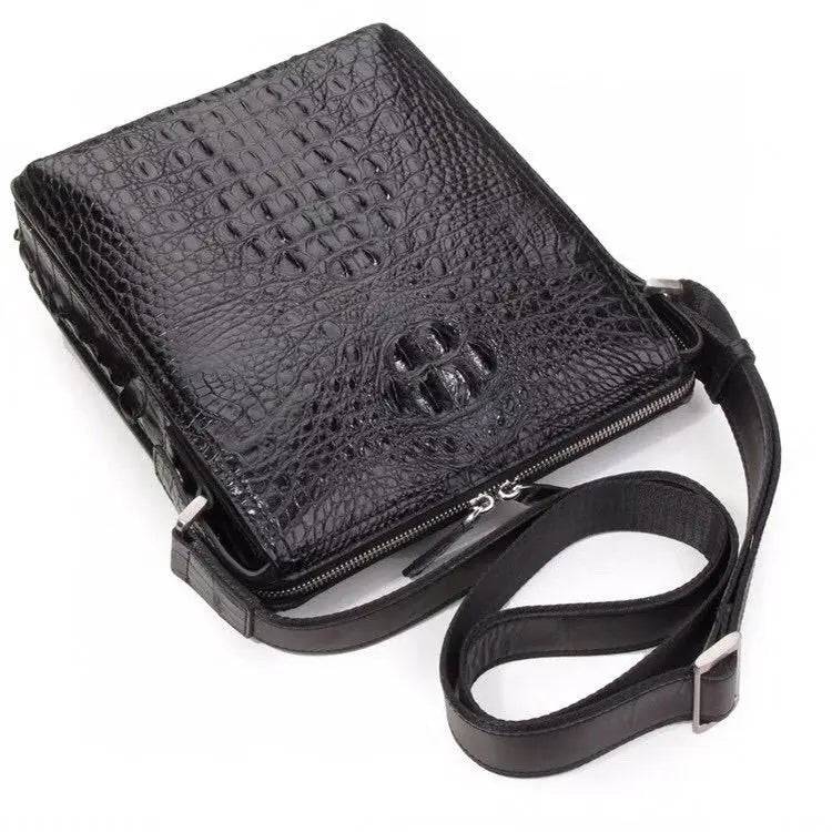 Mens Crocodile Bone Leather Cross Body Messenger Bag Black