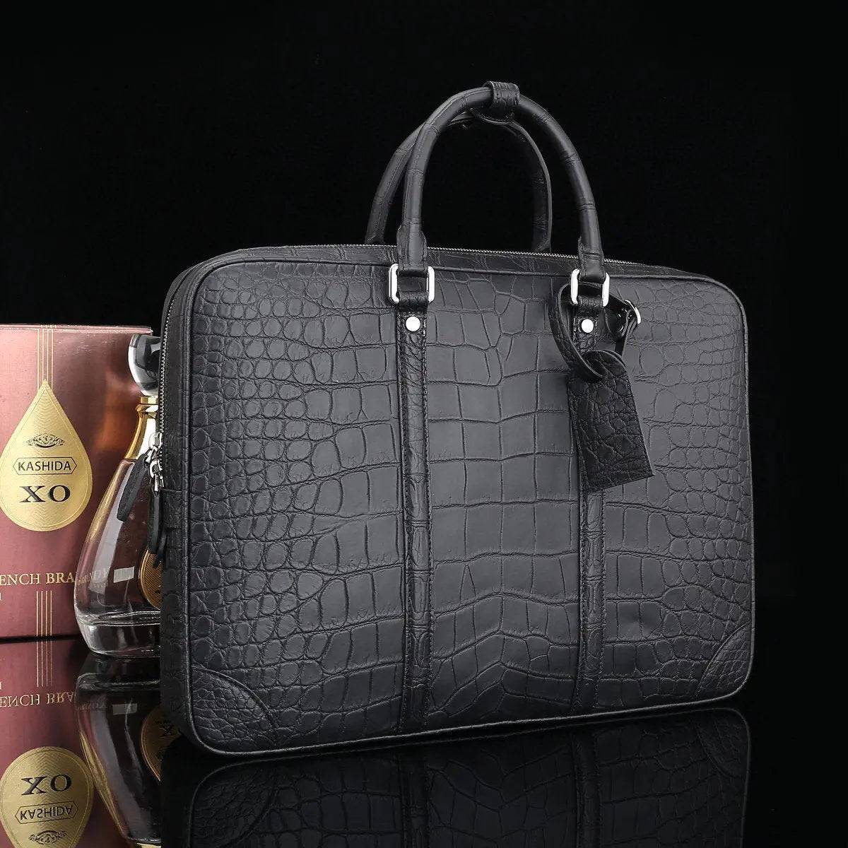 Mens Crocodile Skin Leather Travel Duffel Bag Black