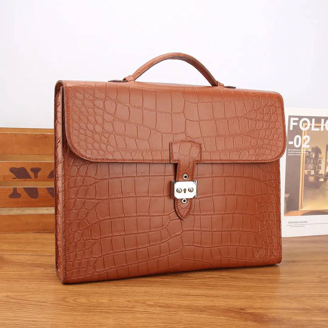 Mens Matt Crocodile Leather Briefcase Tan