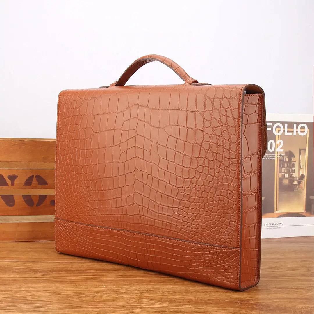 Mens Matt Crocodile Leather Briefcase Tan