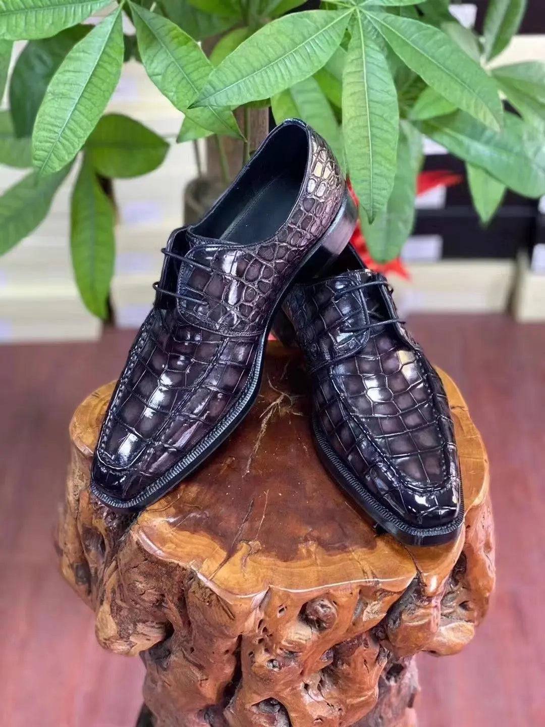 Crocodile Shoes Mens Vintage Smokey Purple Crocodile Leather Business Lace Up Dress Shoes