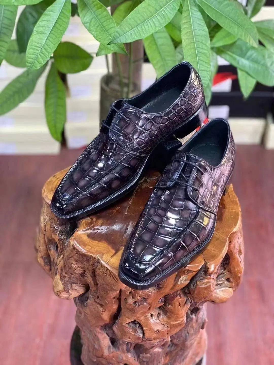 Crocodile Shoes Mens Vintage Smokey Purple Crocodile Leather Business Lace Up Dress Shoes
