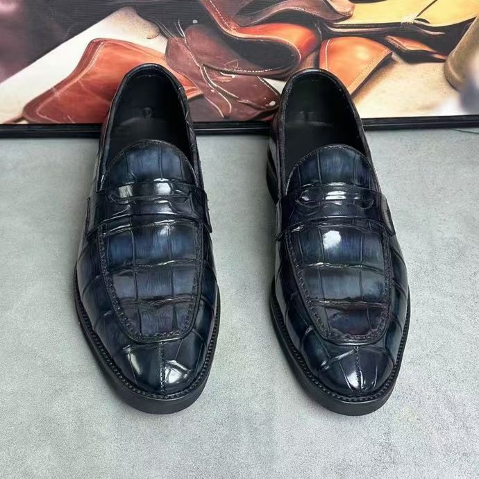 Crocodile Leather Loafer Shoes Vintage Grey