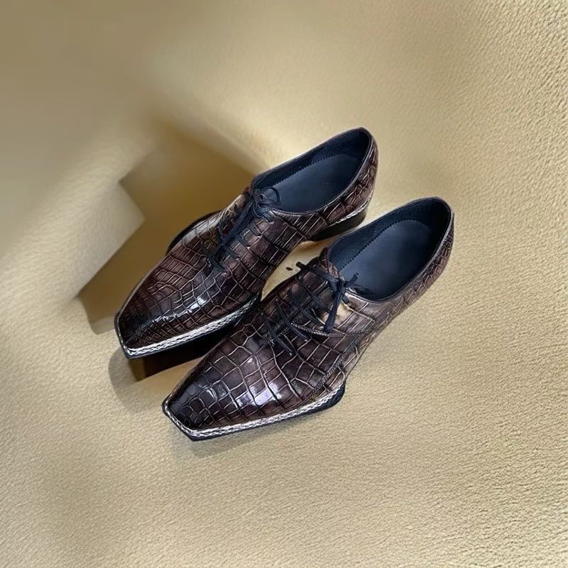 Crocodile Shoes Crocodile Leather Norwegian Sewn Lace Up Dress Shoes Vintage Wine Red