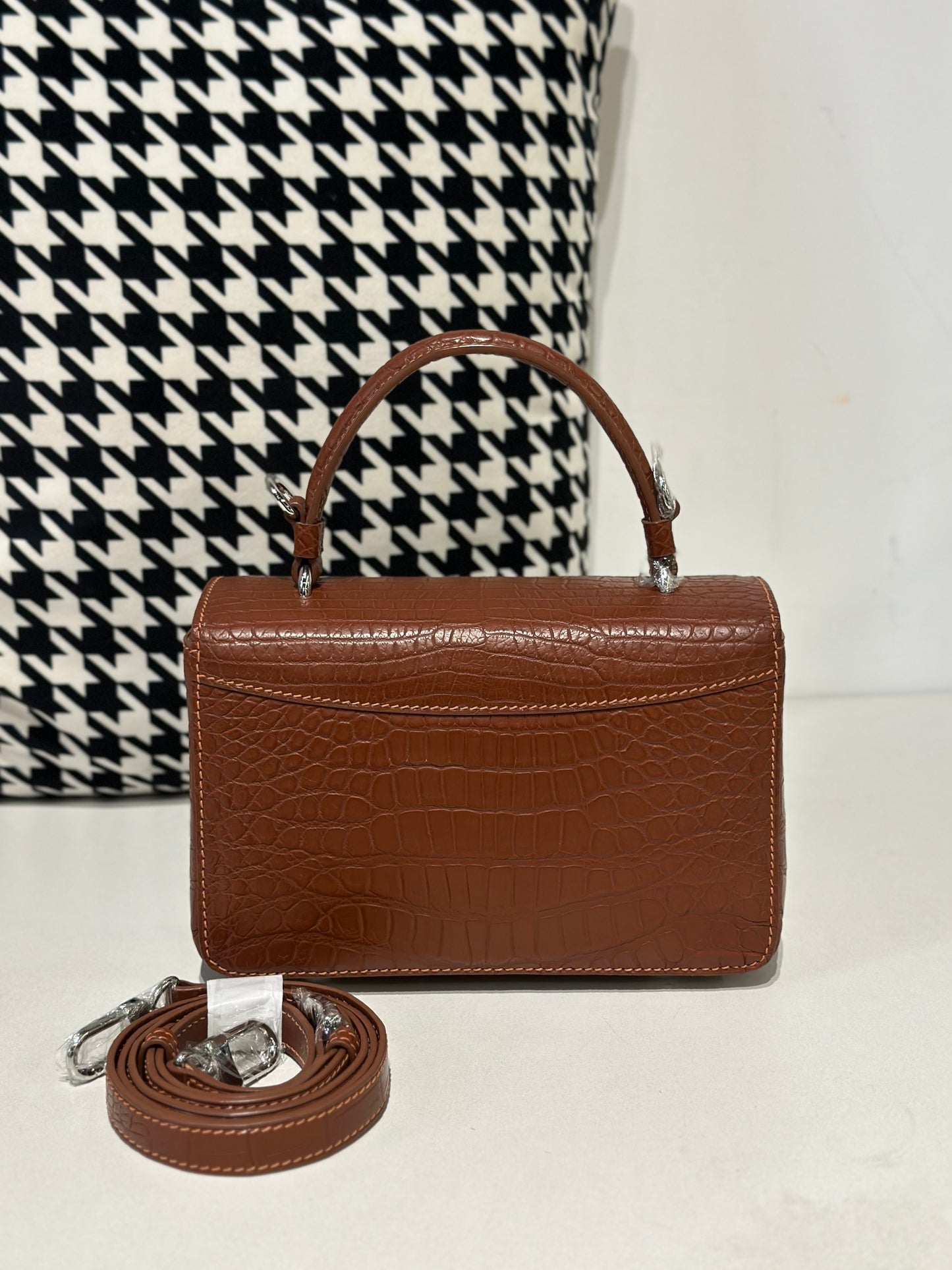 Crocodile Leather Top Handle Cross Body Bag Tan