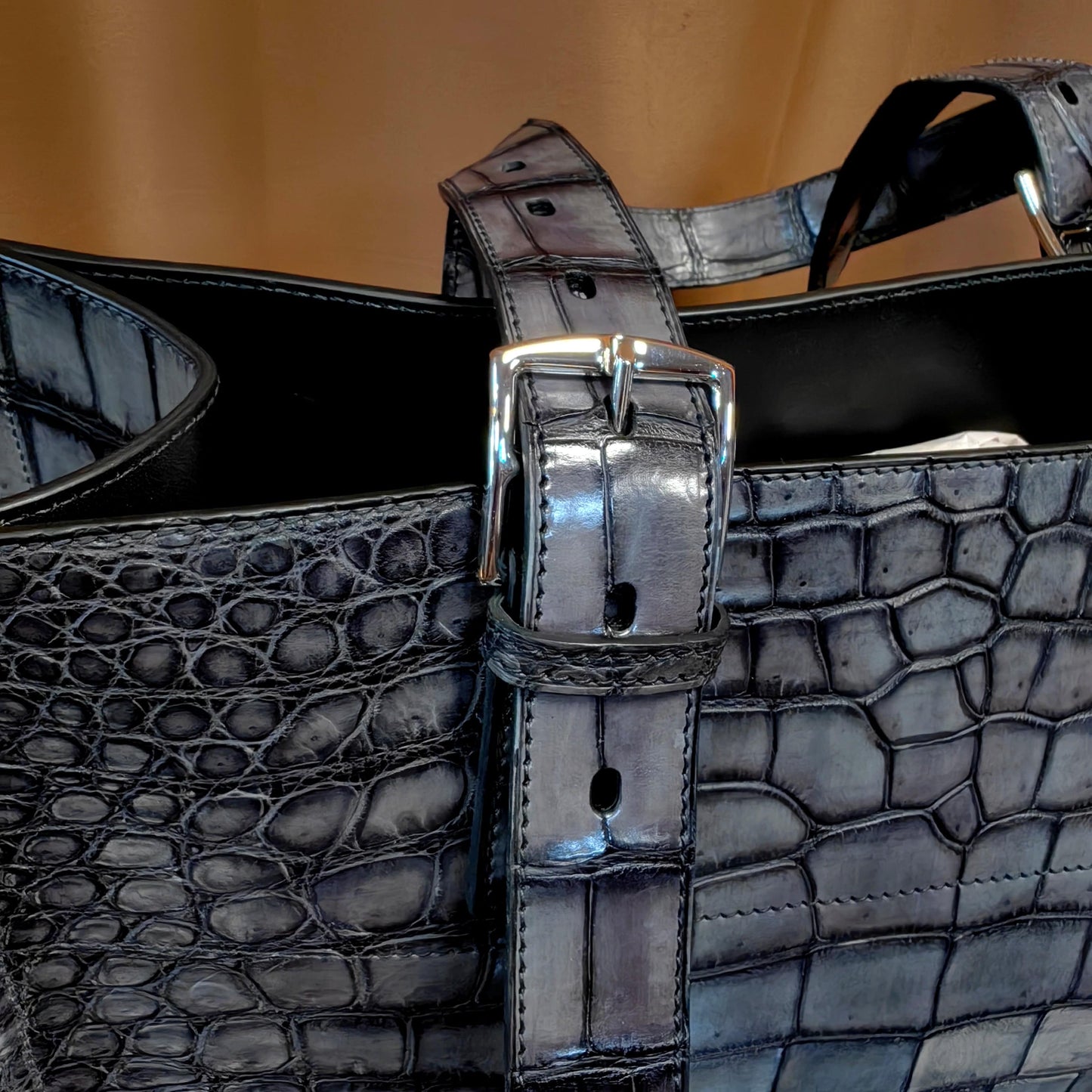 Unisex  Vintage Grey Crocodile Leather Large Shopper Tote  Bag