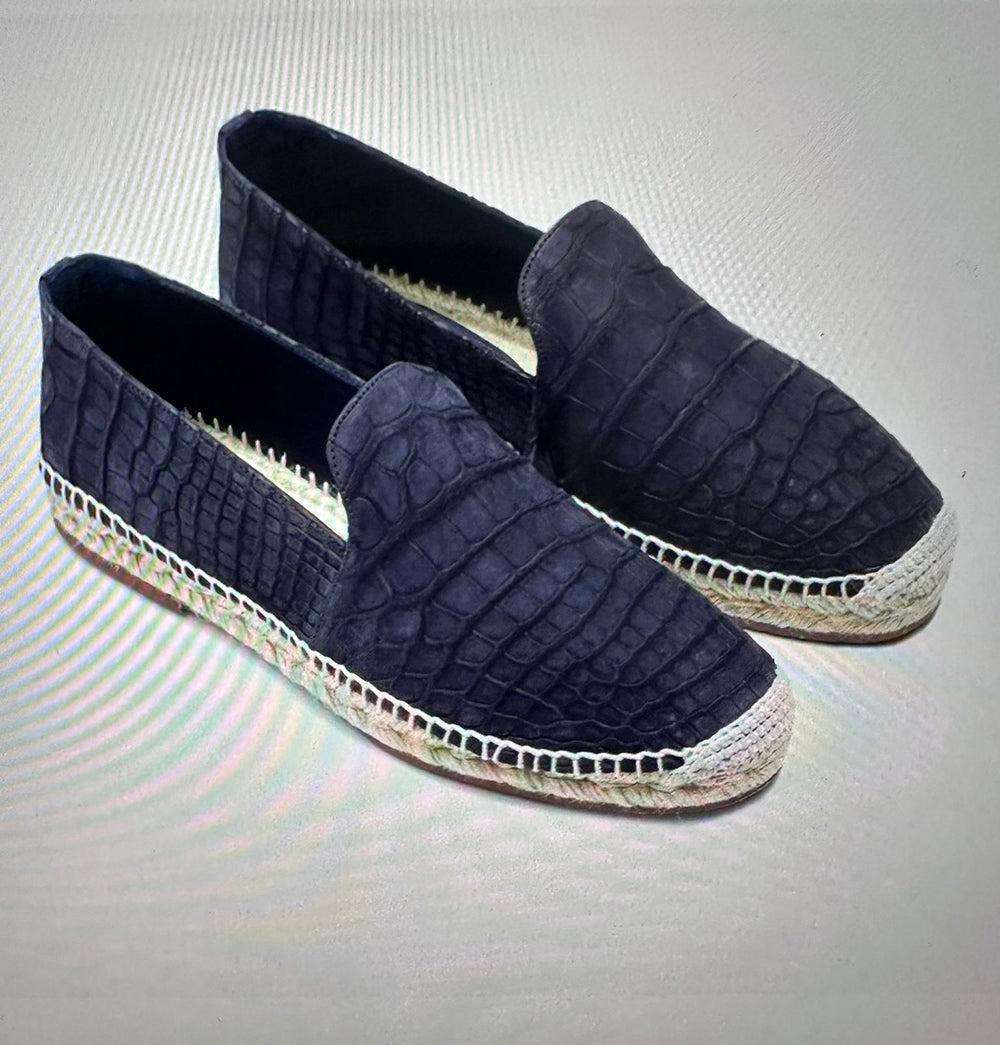 Nubuck Crocodile Skin Leather Raffia Espadrille Mules