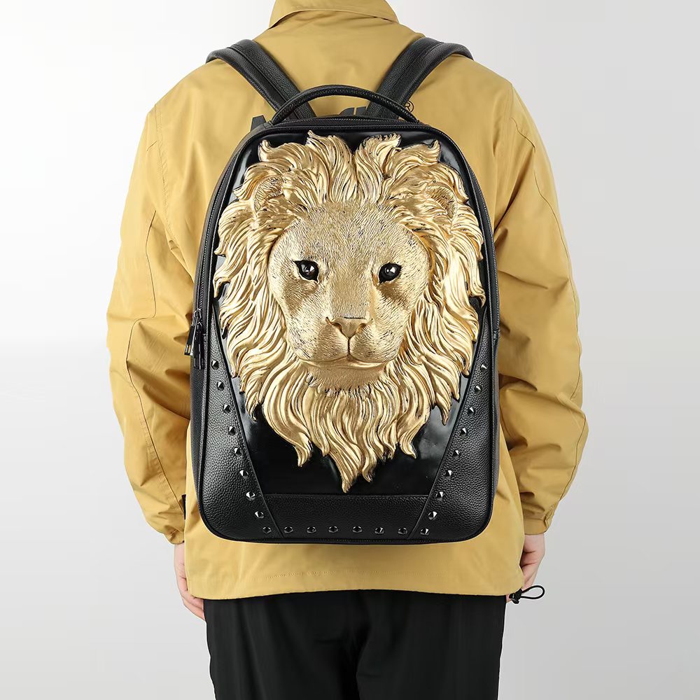 3D Leather Backpack 3D Lion Head Modeling outdoor Backpack Travel Computer Bags Large