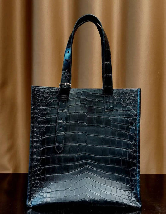 Preorder Unisex  Black Crocodile Leather Large Shopper Tote  Bag