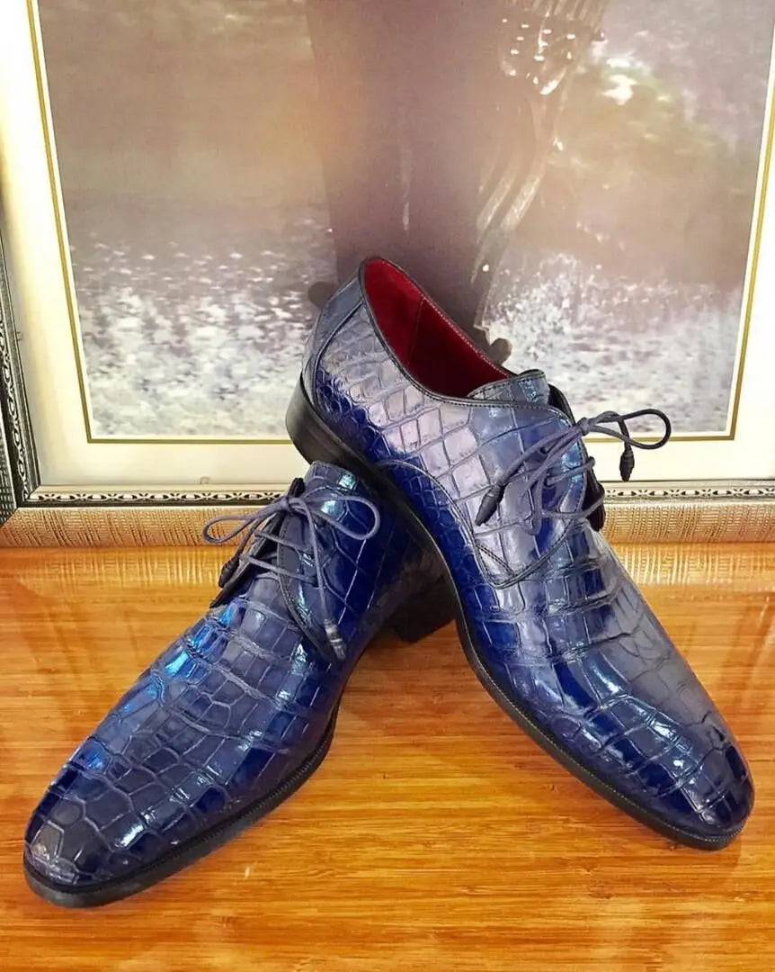 Prorder Brushed Vintage Blue Color Square Toe Lace Up Genuine Crocodile Leather Dress Shoe