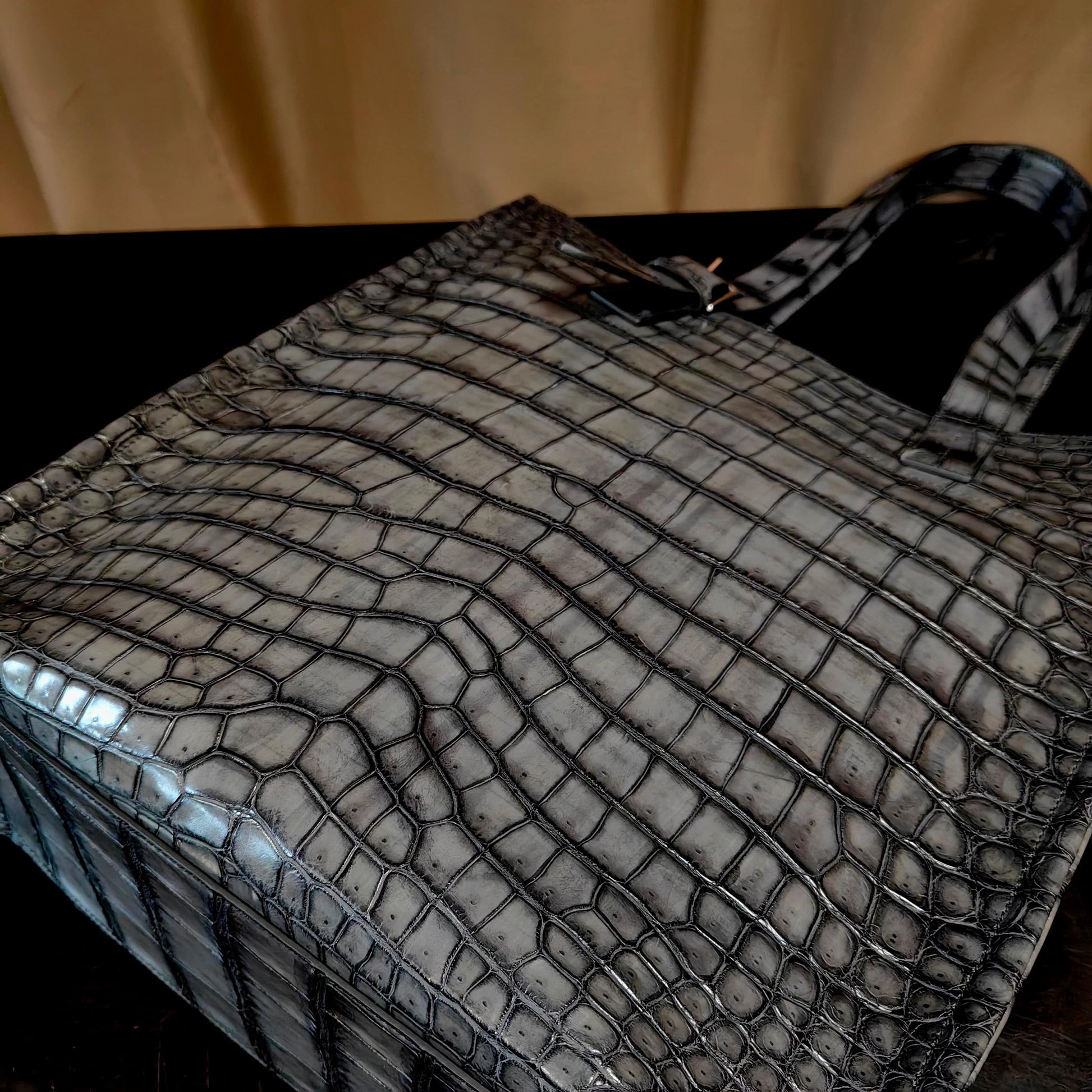 Unisex  Vintage Grey Crocodile Leather Large Shopper Tote  Bag