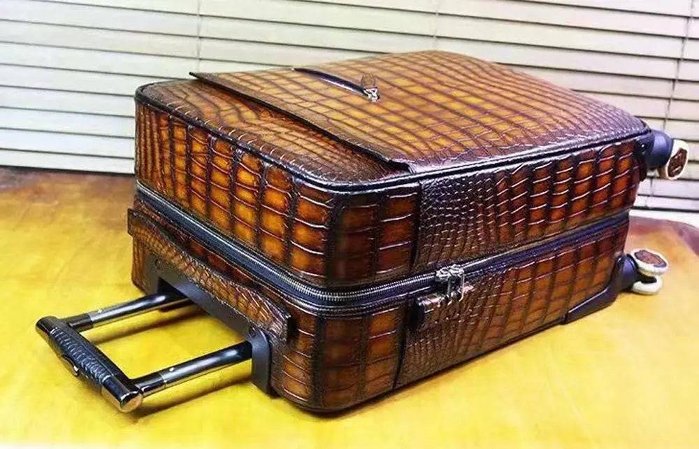 Retro  Brown Crocodile  Leather Trolley/Roll Aboard Suitcase Weekend/Travel Bag Trolley Case Universal Wheels 20-Inch