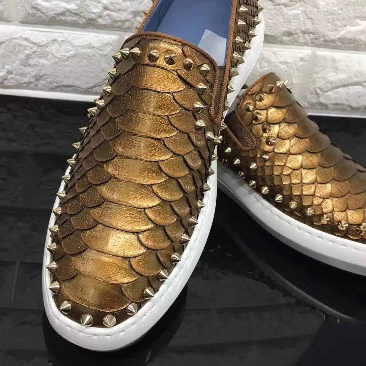 Crocodile Shoes Roller-Boat Spikes Genuine Python Leather Flat Sneakers For Men