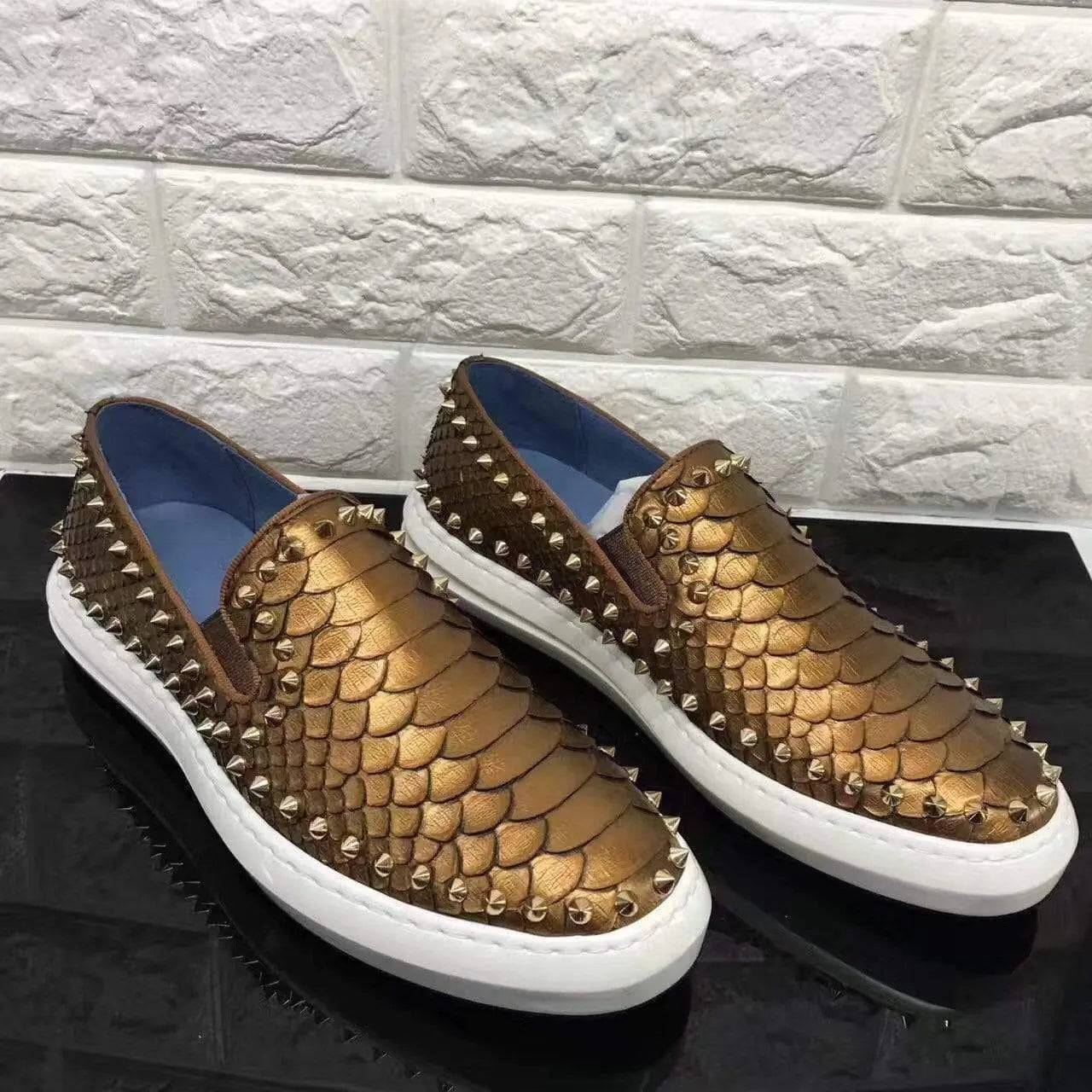 Crocodile Shoes Roller-Boat Spikes Genuine Python Leather Flat Sneakers For Men