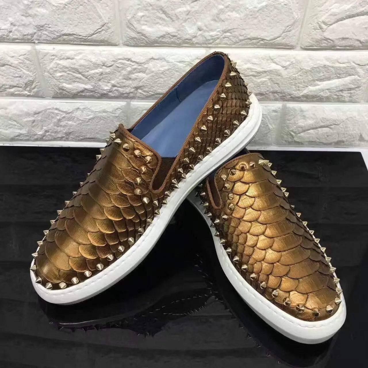 Crocodile Shoes Roller-Boat Spikes Genuine Python Leather Flat Sneakers For Men