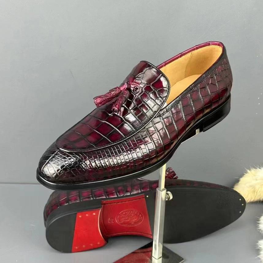 Crocodile Shoes Men's Crocodile Leather Loafers Slip-On Dress Shoes Vintage Wine Red