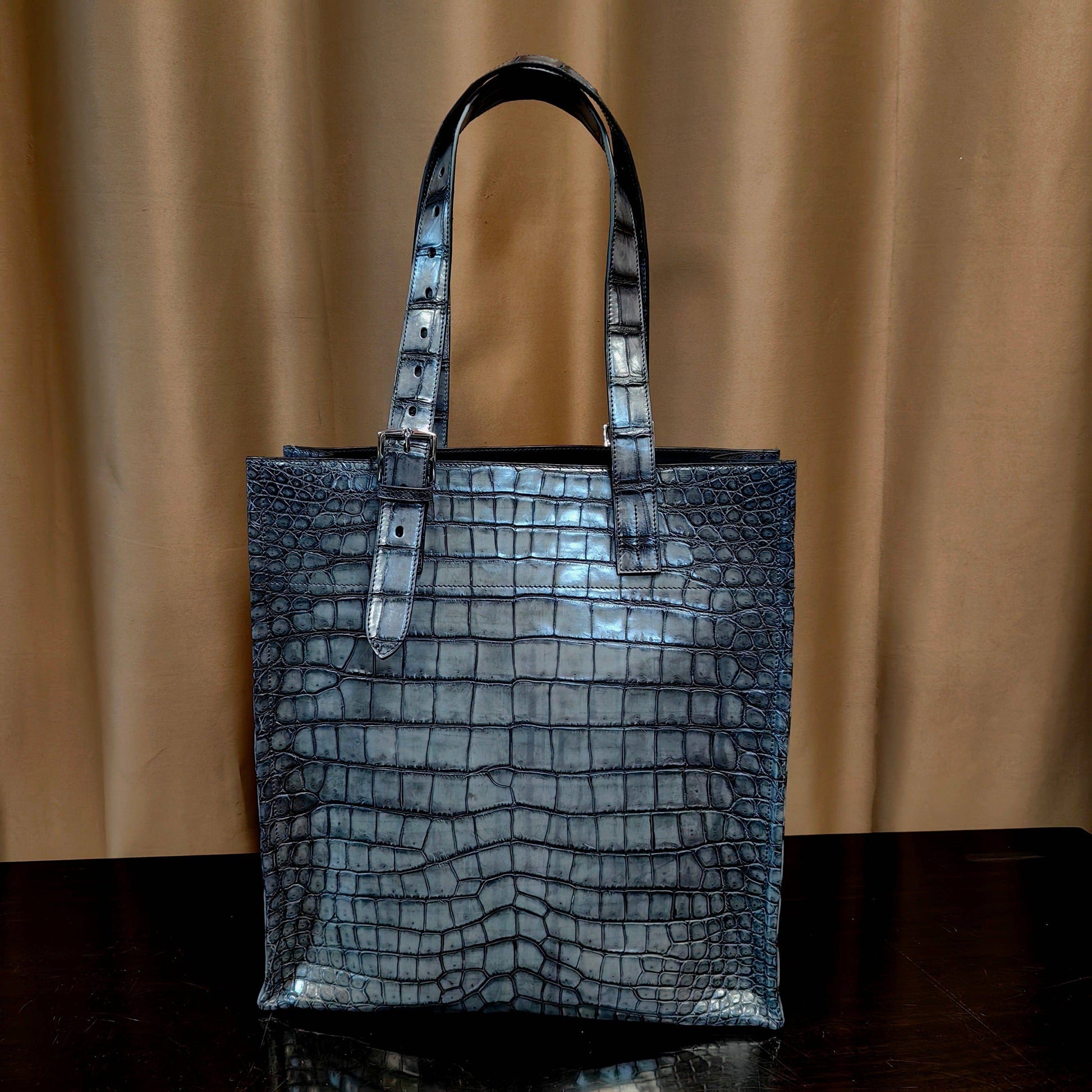 Unisex  Vintage Grey Crocodile Leather Large Shopper Tote  Bag