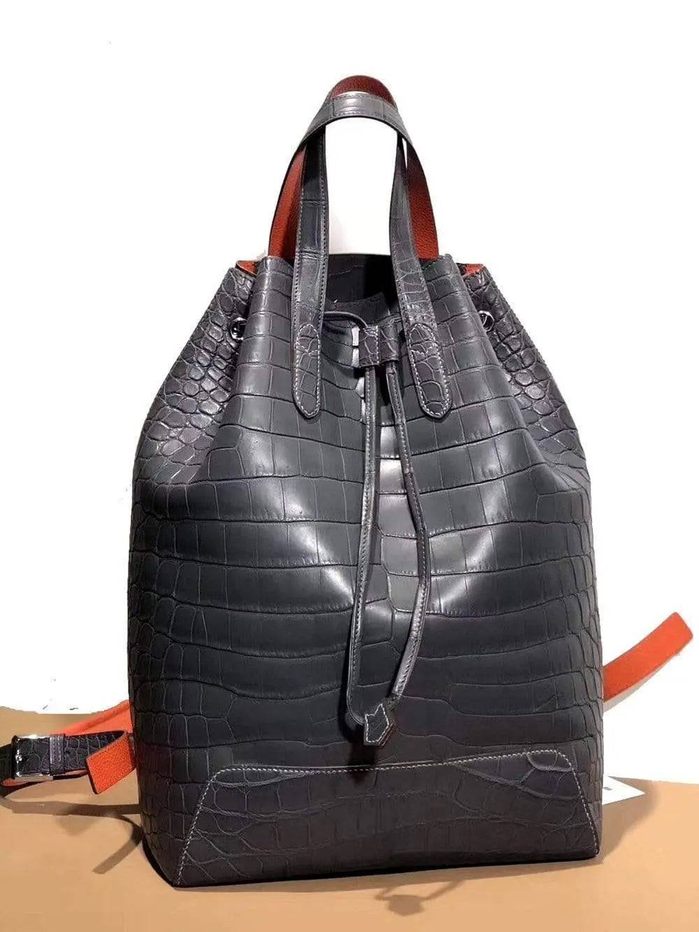 Semi -Shiny Crocodile Leather Large Backpack Knapsacks Grey