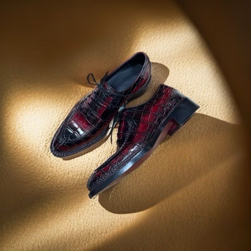 Crocodile Shoes Crocodile Leather Norwegian Sewn Lace Up Dress Shoes Vintage Wine Red