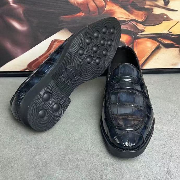 Crocodile Leather Loafer Shoes Vintage Grey