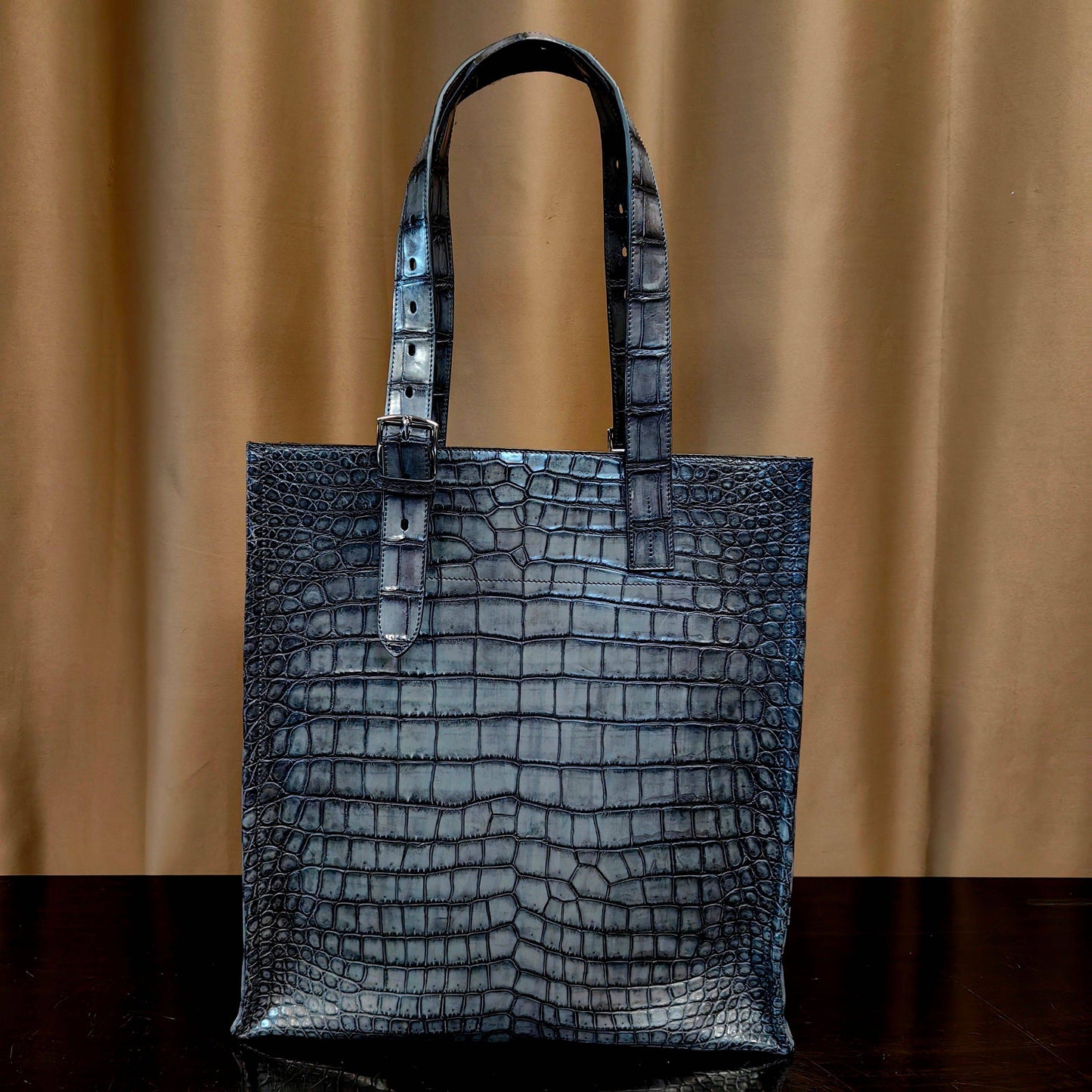 Unisex  Vintage Grey Crocodile Leather Large Shopper Tote  Bag