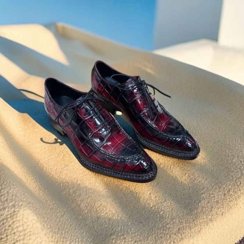 Crocodile Shoes Crocodile Leather Norwegian Sewn Lace Up Dress Shoes Vintage Wine Red