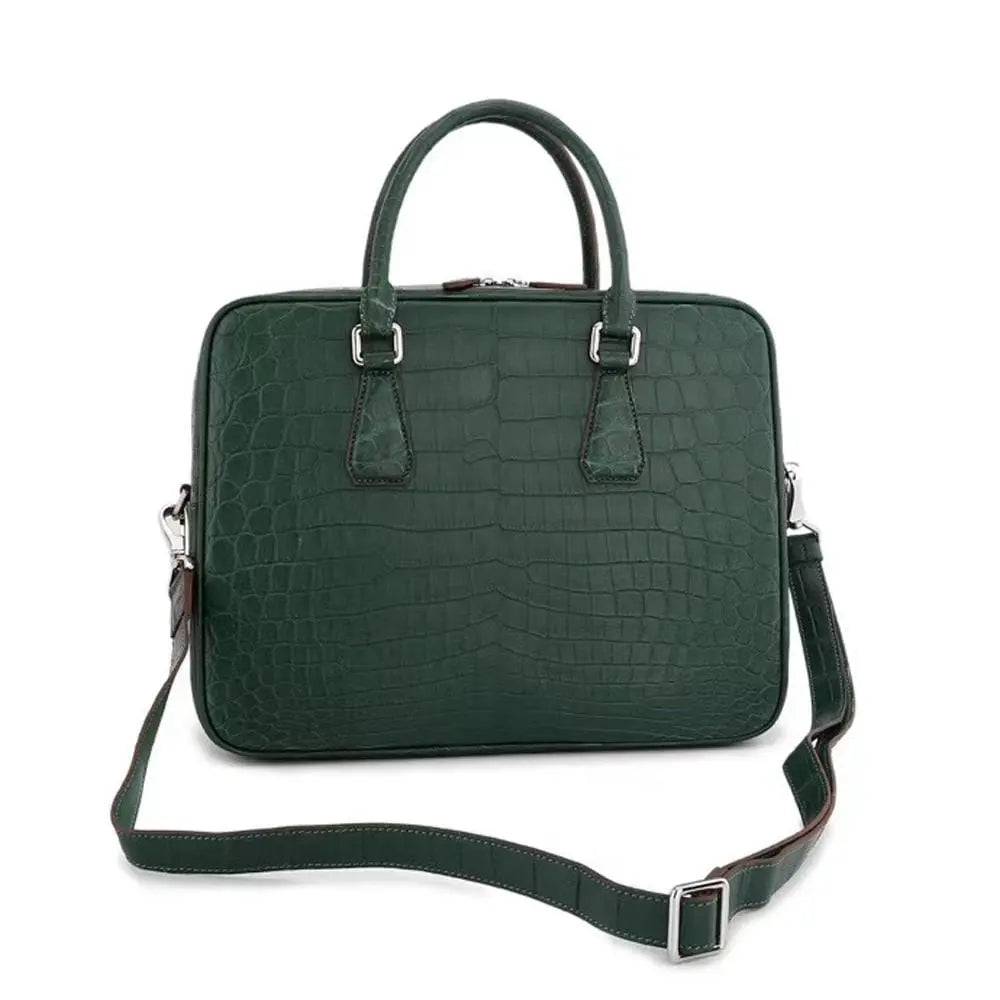 Unisex Crocodile Leather Laptop Briefcase with Pass Through Trolley Handles Dark Green