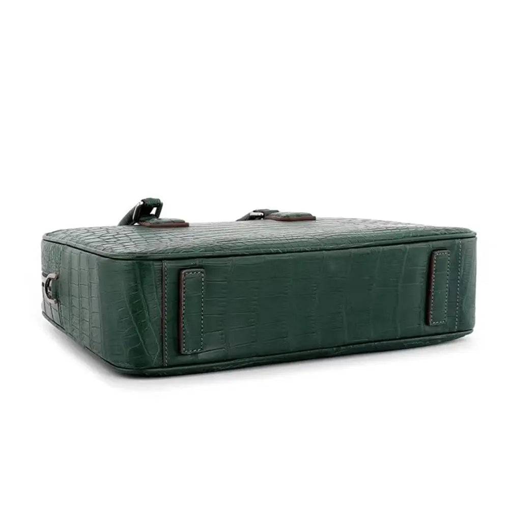 Unisex Crocodile Leather Laptop Briefcase with Pass Through Trolley Handles Dark Green