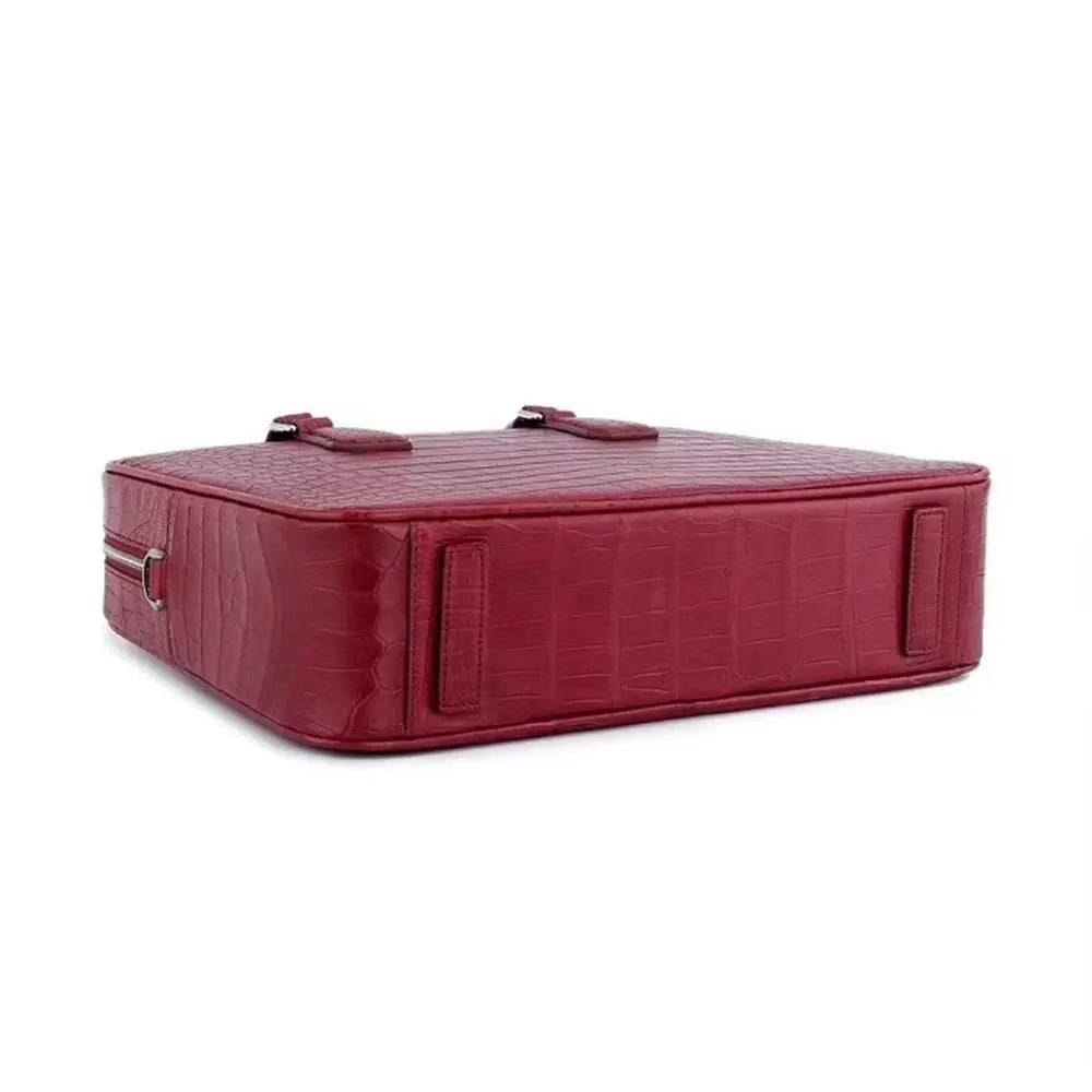 Unisex Crocodile Leather Laptop Briefcase with Pass Through Trolley Handles Red