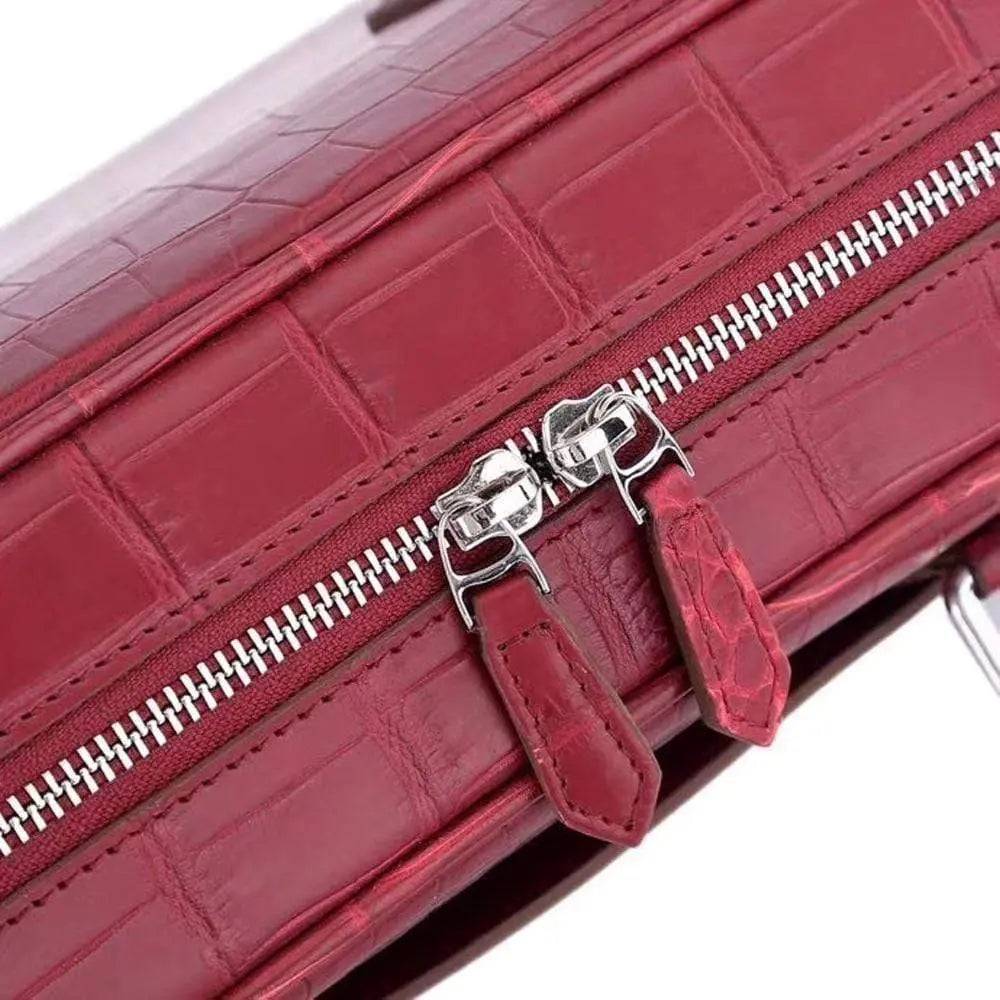 Unisex Crocodile Leather Laptop Briefcase with Pass Through Trolley Handles Red