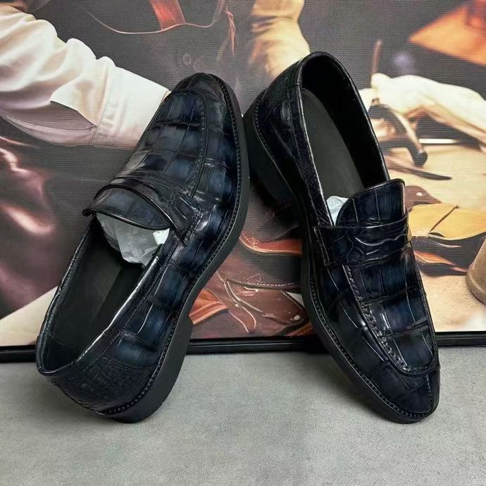Crocodile Leather Loafer Shoes Vintage Grey