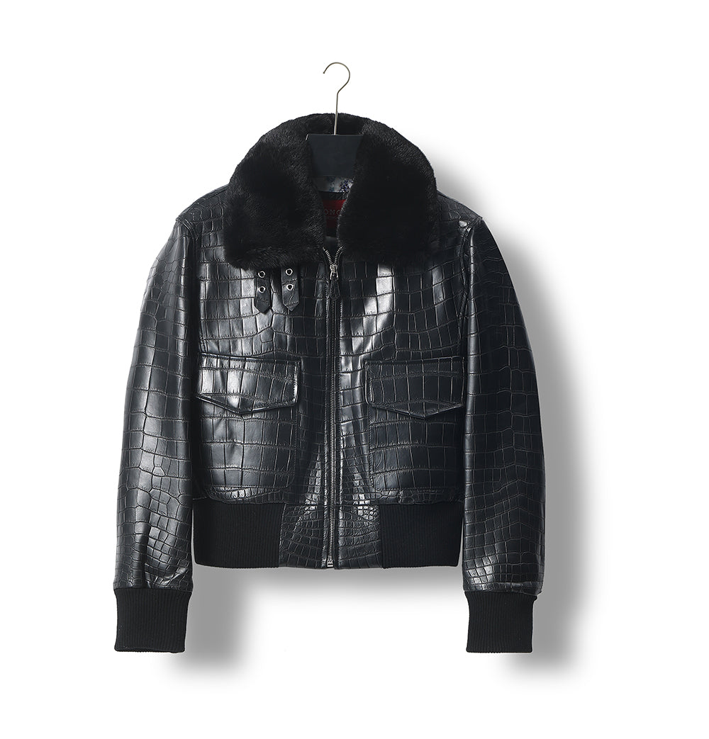 Unisex Crocodile Skin Leather Jacket With Removable Mint Fur Collar Biker Jackets