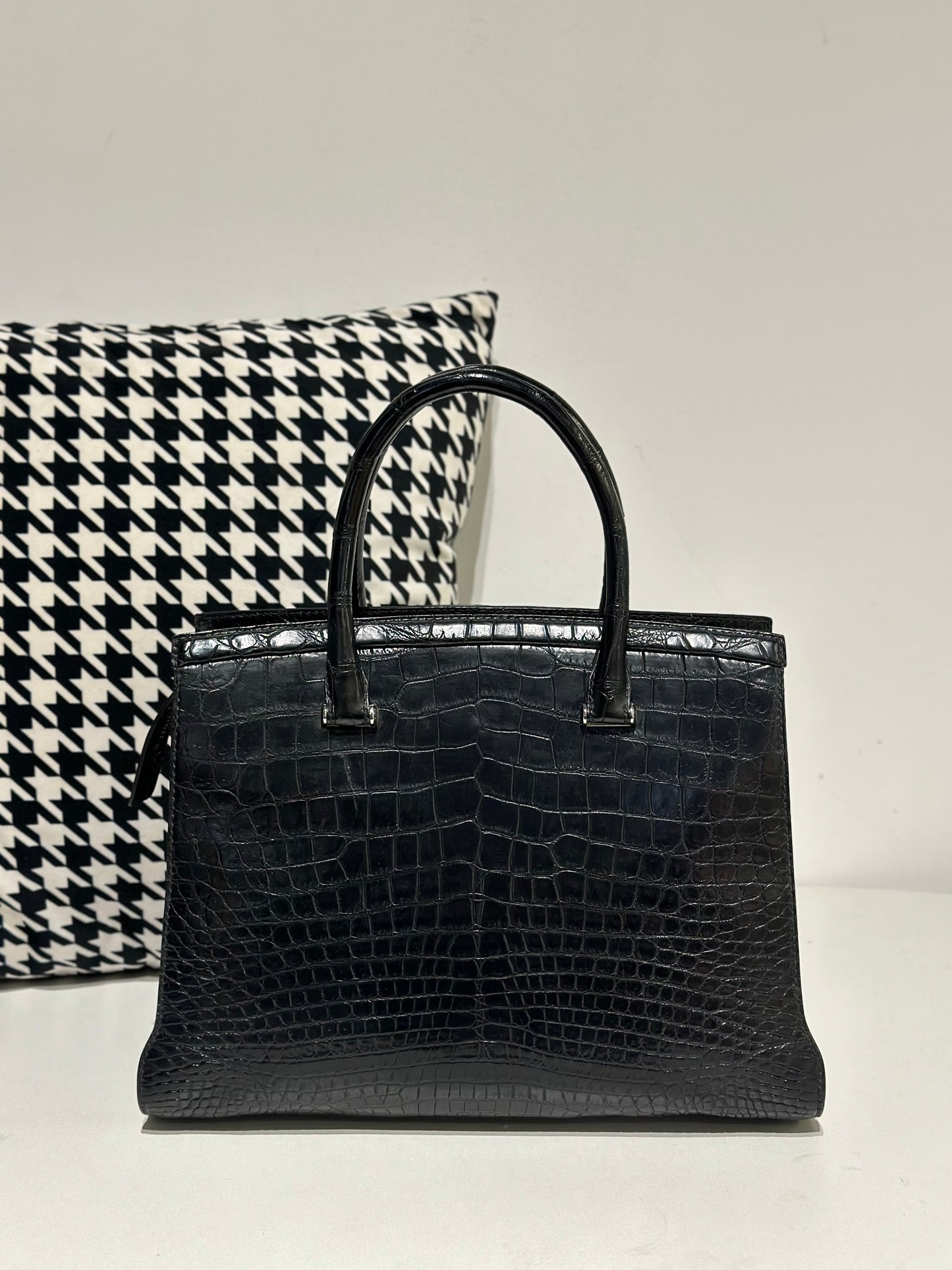 Crocodile Leather Top Handle Bag Black