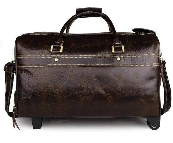 Vintage Brown Leather Wheeled Luggage Trolley Bags