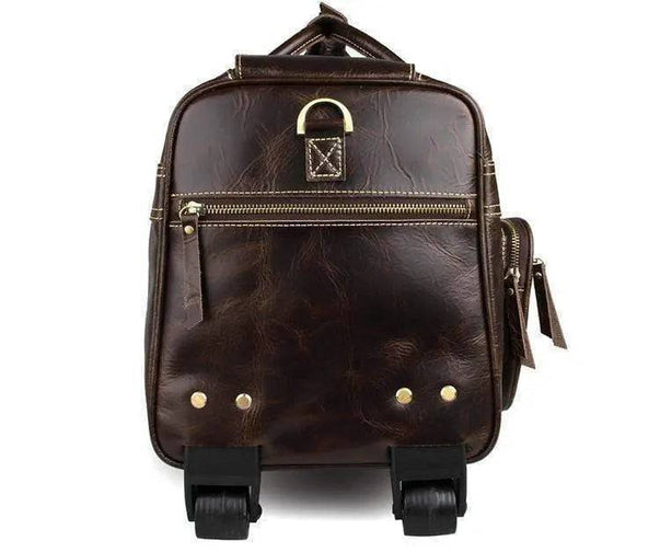 Vintage Brown Leather Wheeled Luggage Trolley Bags