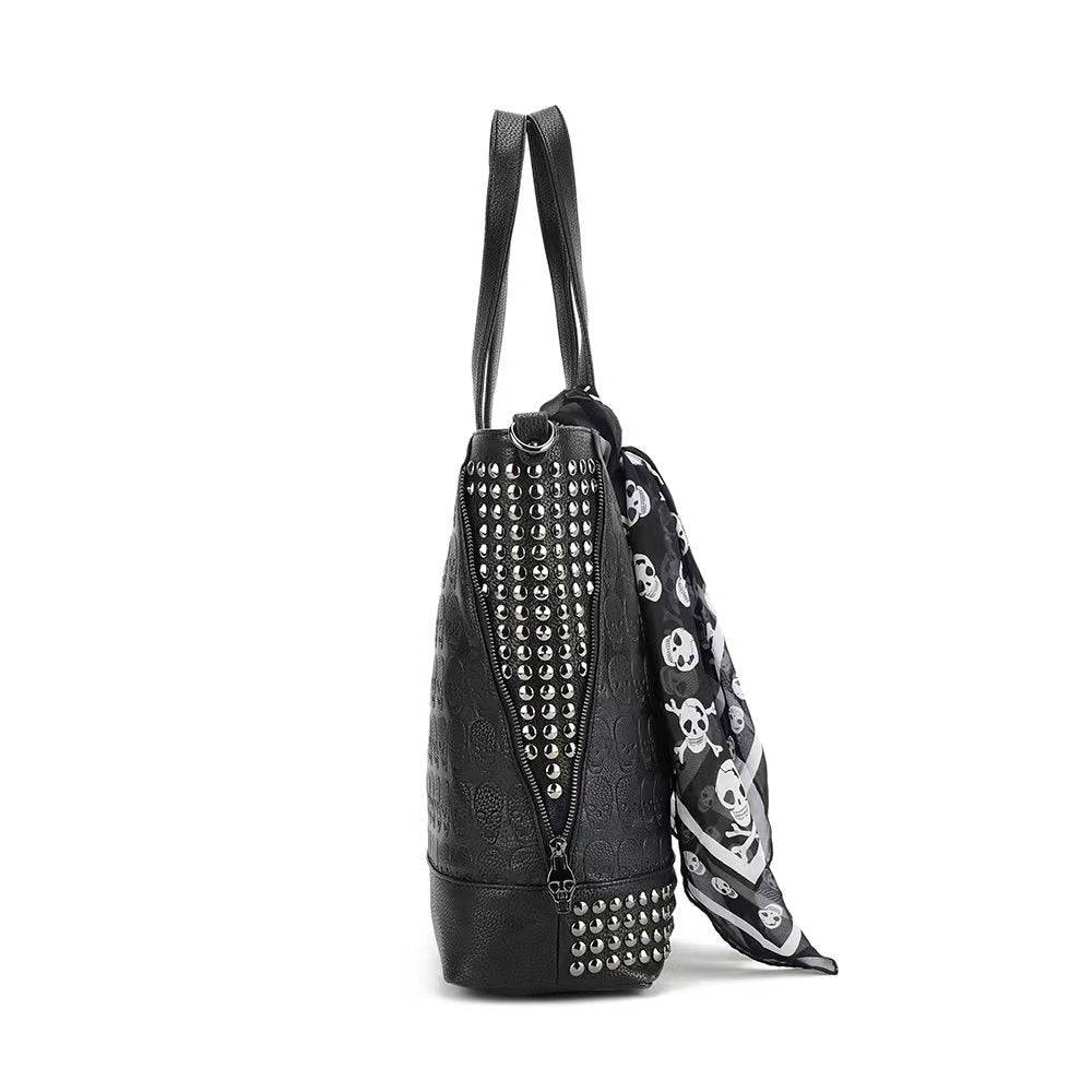 3D Large Shopper Bag,  Studded Embossed Skull Large Shopper Bag With Small Pouch & Scarf