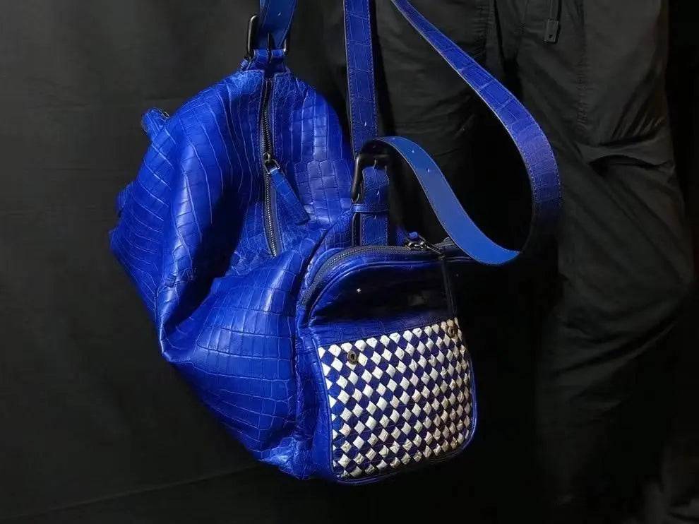 Washed Soft Woven Crocodile Skin Leather Gym Duffel Bag Blue