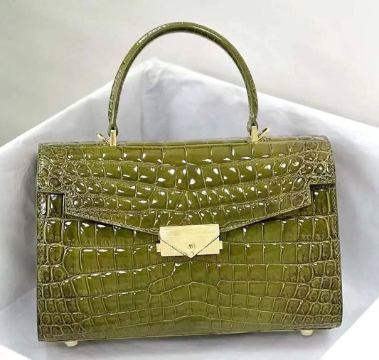 Women Shiny Himalaya Olive Green Beaded Crocodile Leather Top Handle Satchel Bag