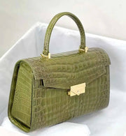 Women Shiny Himalaya Olive Green Beaded Crocodile Leather Top Handle Satchel Bag