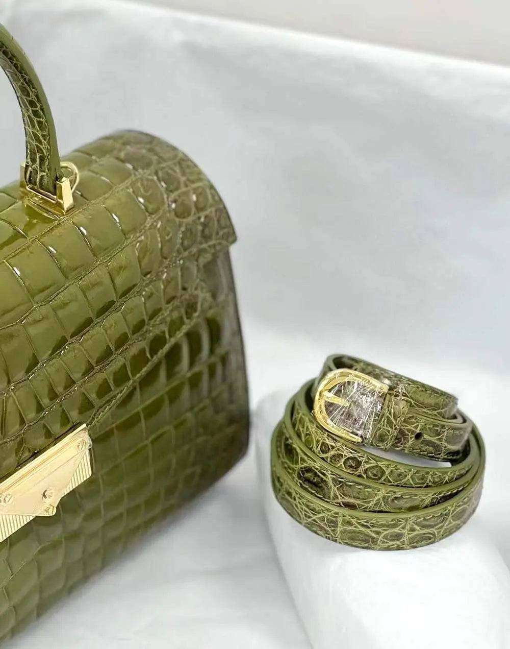 Women Shiny Himalaya Olive Green Beaded Crocodile Leather Top Handle Satchel Bag